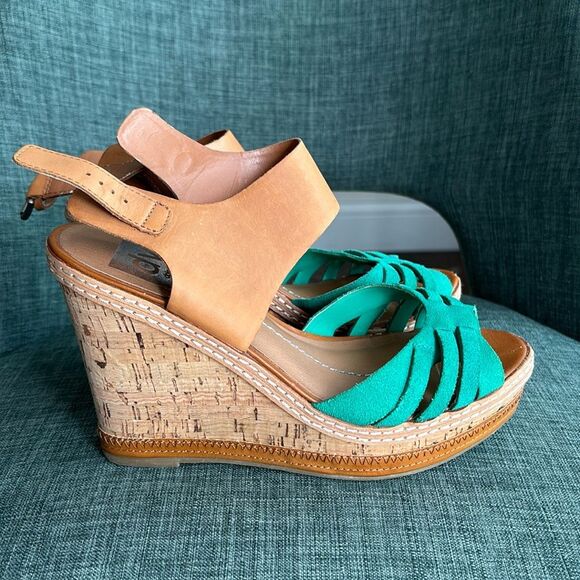 Dolce Vita Anthropologie Joslyn Platform Wedge Kelly Green Tan open toe size 7.5 - Picture 1 of 9